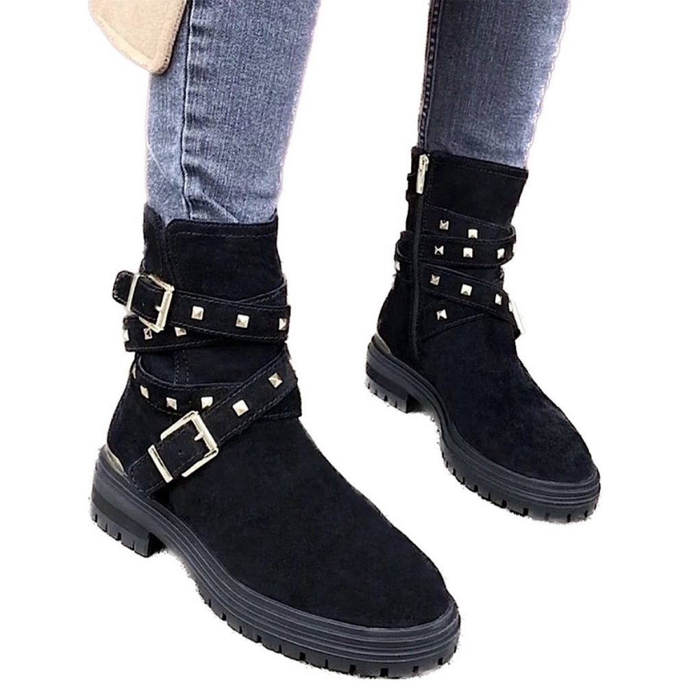 NEW Vince Camuto Black Barretta Gold Studded Motorcycle Suede Boots 7.5